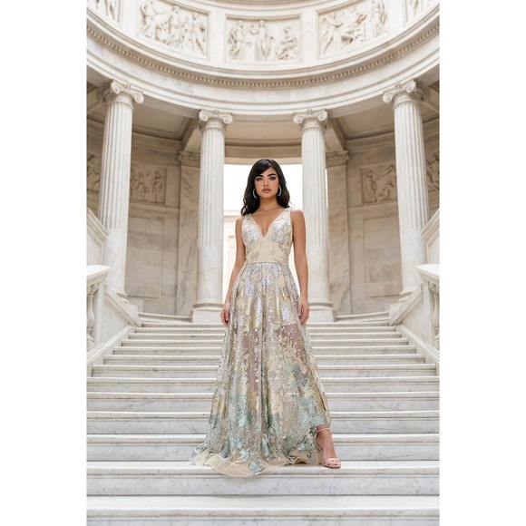 Metallic Floral Lace V-Neck Formal Gown Open Back A-Line Prom Dress Champagne - Picture 2 of 11